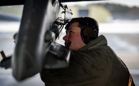 Photo Of U.S. Air Force Senior Airman Connor Reid, 35th Fighter Generation Squadron load crew member, inspects a wing weapons pylon at Misawa Air Base, Japan, Jan. 31, 2025. 