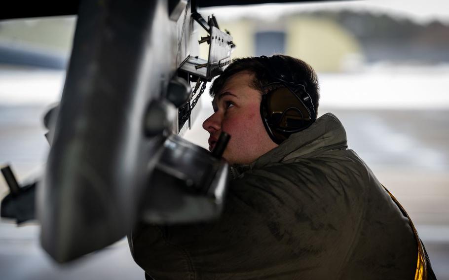 U.S. Air Force Senior Airman Connor Reid, 35th Fighter Generation Squadron load crew member, inspects a wing weapons pylon at Misawa Air Base, Japan, Jan. 31, 2025. These inspections ensure stations are serviceable prior to loading munitions, enabling a quick load and rapid aircraft turnaround to enhance the 35th Fighter Wing’s operational readiness.