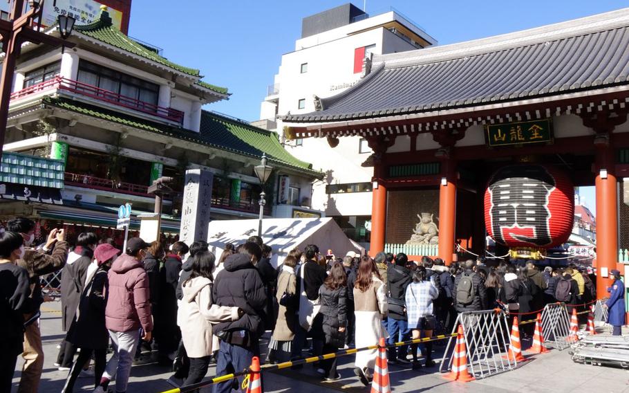 Tokyo, Japan, January 3, 2023, New Year’s visit and tourists at Senso-ji Temple, famous for its large lanterns, downtown Tokyo