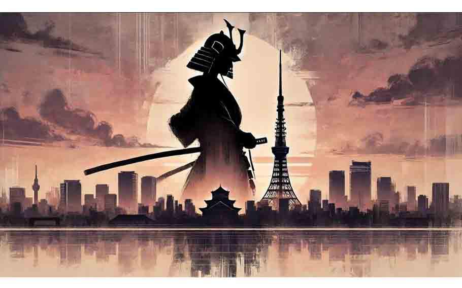 illustration of a samurai warrior and Tokyo
