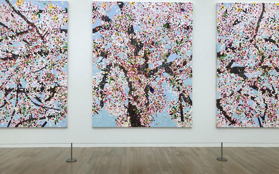 “Cherry Blossoms” by English contemporary artist Damien Hirst will have you struck in wonder at his towering paintings, first shown in Paris at the Fondation Cartier back in July 2021.  Photo by Michele Tanabe.