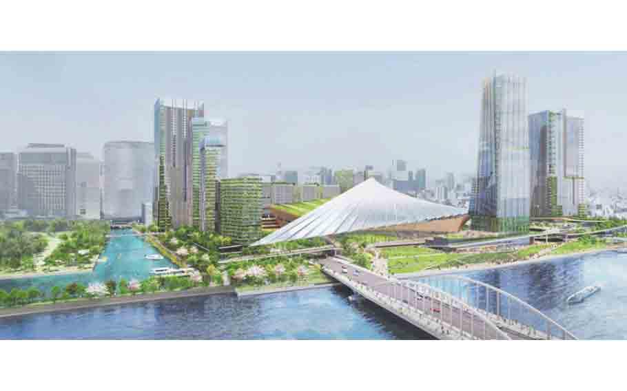 Plans include a 50,000-seat stadium, green spaces and cultural hubs to reshape Tsukiji’s future.