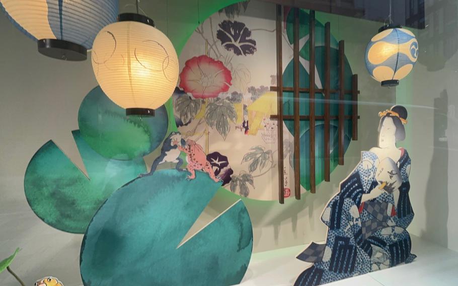 A shop displaying Japanese traditional picture and lanterns.