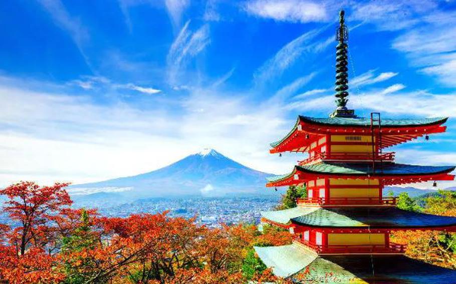 Autumn leaves and Mount Fuji