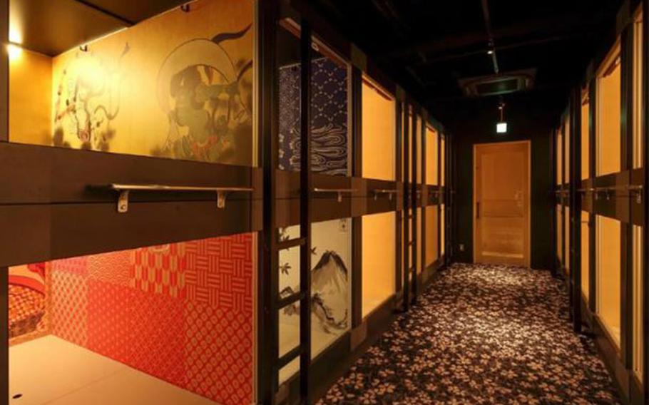 ninja, geisha-themed capsule hotel interior