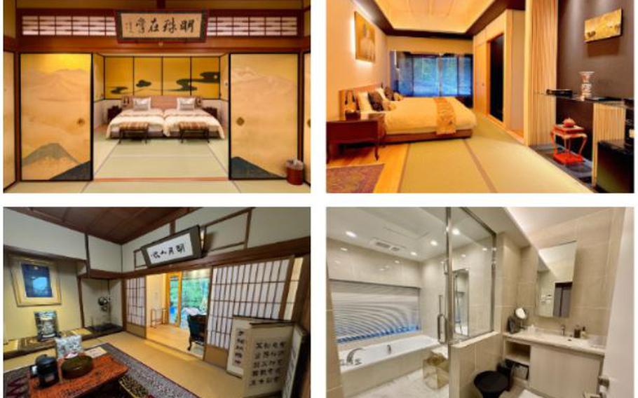 Clockwise from top left: Lotus room, Spring Dawn room, Moonlight room bath, Moonlight room living area