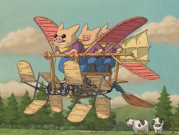pig characters flying on an aircraft