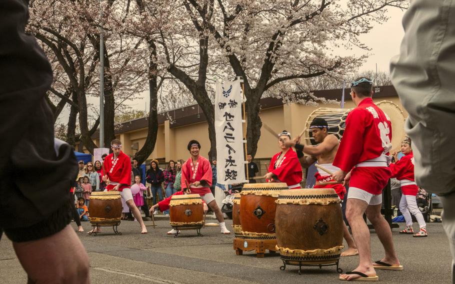 playing Japanese drum at Yokota Sakura Spring Festival