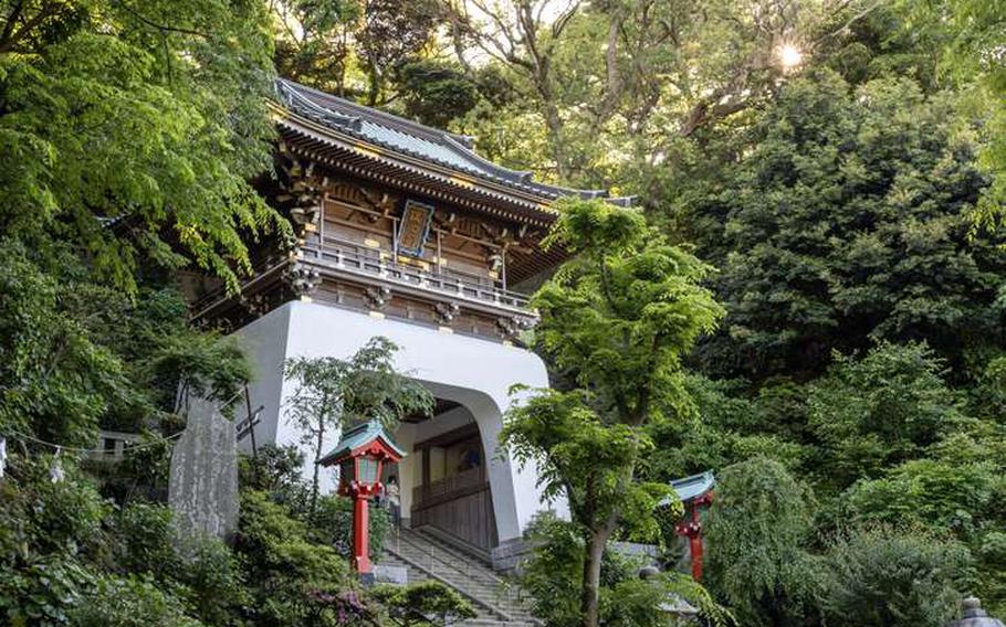 Kamakura, Japan- 14 May, 2024: Enoshima Shrine Gatehouse in Enoshima island, Japan. This gate is named Zuishinmon. It can be taken to mean pure soul.