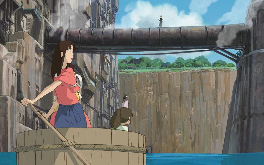 Lin taking Sen (Chihiro) on trai-bune boat; scene from Spirited Away